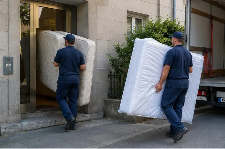 Deux professionnels transportent des matelas entre un immeuble et un camion de livraison.