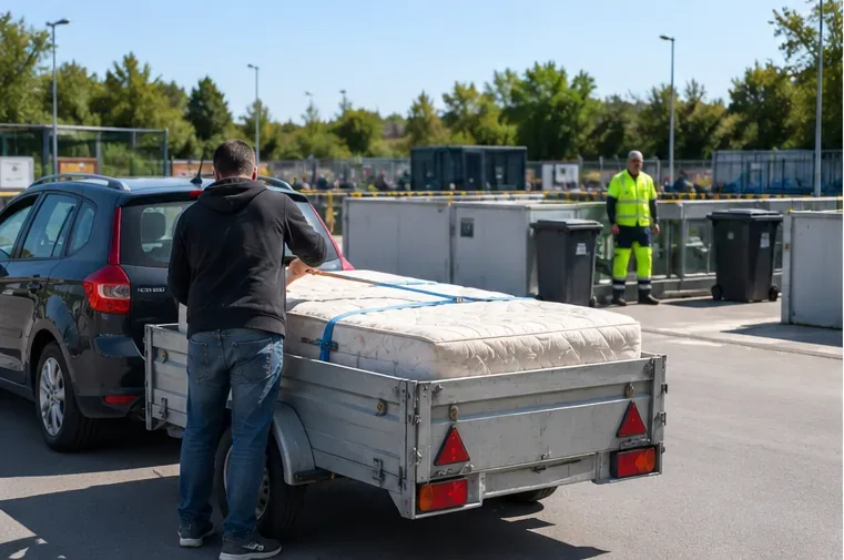 Un automobiliste transporte un matelas sanglé sur une remorque devant une zone de déchèterie.