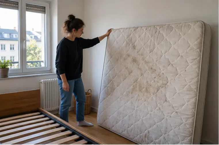 Une habitante examine un ancien matelas dans une chambre avant de choisir sa solution de reprise ou de dépôt.