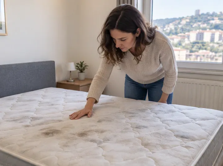 Une personne inspecte l’état d’un matelas dans une chambre avant de choisir entre réemploi et élimination