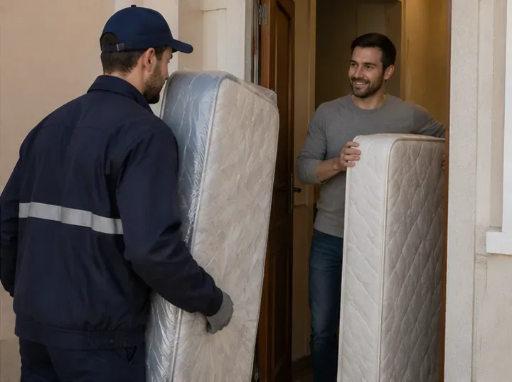 Un livreur récupère un ancien matelas au domicile pendant qu’un nouveau matelas est livré