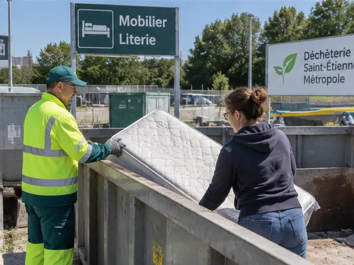 Exemple de dépôt d’un matelas dans une zone dédiée au mobilier et à la literie avec l’aide d’un agent de déchèterie