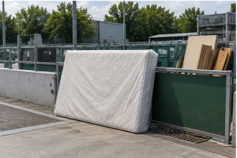 Matelas emballé placé à proximité de bennes dans une déchèterie