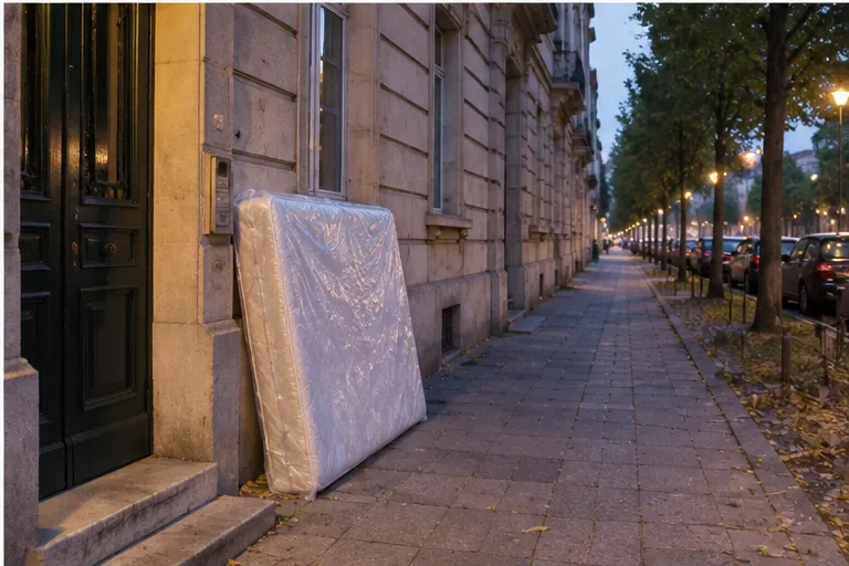Matelas emballé posé près de l’entrée d’un immeuble le long d’un trottoir dégagé