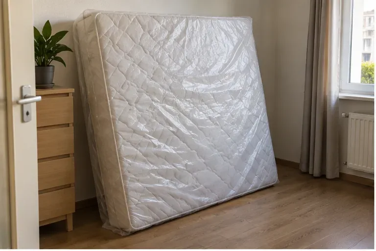 Matelas emballé et posé verticalement dans une chambre avant son évacuation