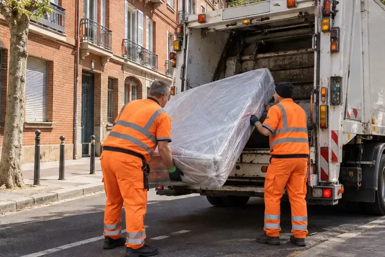Des agents chargent un matelas emballé dans un camion de collecte depuis le trottoir