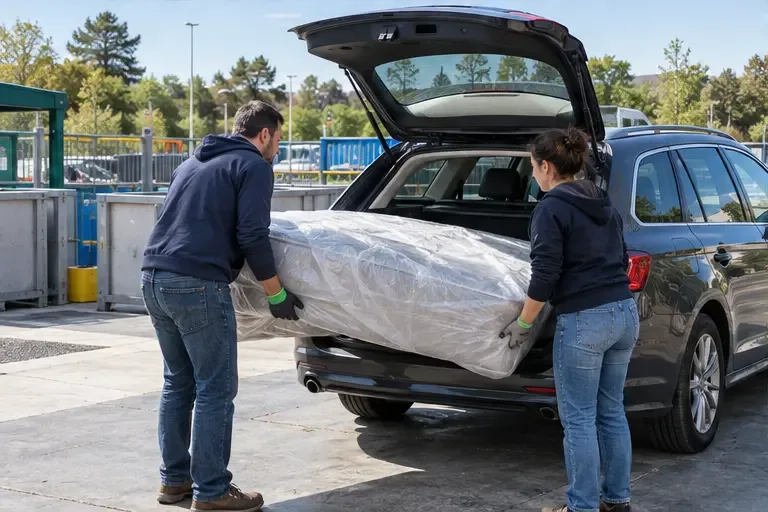 Deux personnes chargent un matelas protégé dans le coffre ouvert d’une voiture