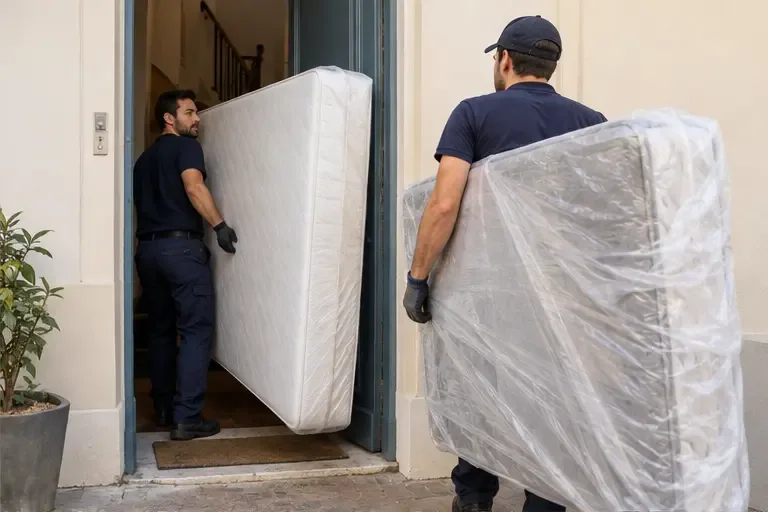 Un livreur et un résident déplacent un matelas emballé à l’entrée d’un logement