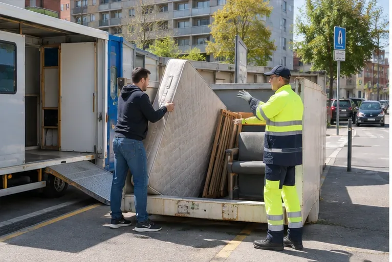 Un particulier apporte un matelas à un point de collecte mobile où un agent l’oriente vers une benne