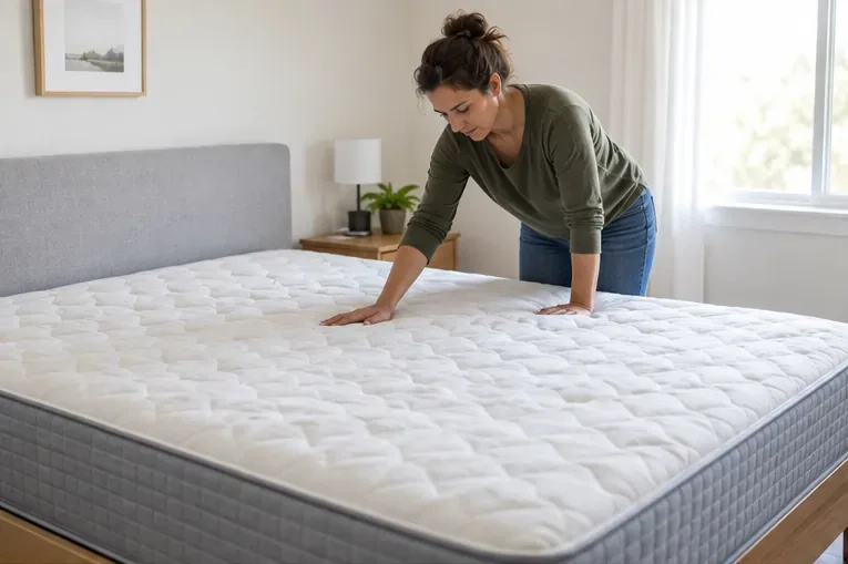 Une personne inspecte la surface d’un matelas dans une chambre lumineuse avant de choisir entre don et déchèterie