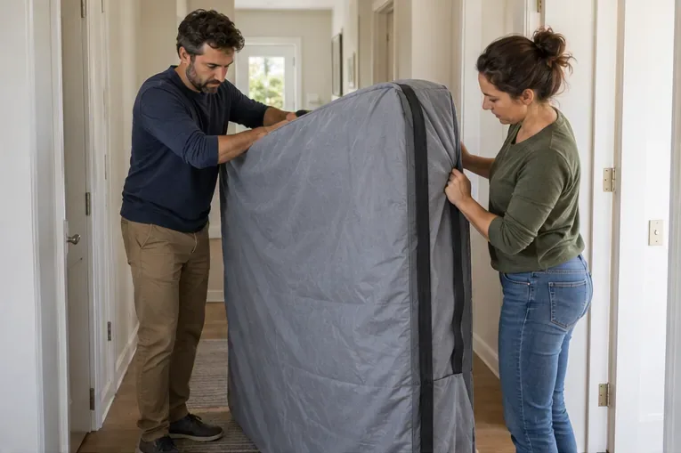 Deux adultes protègent un matelas à l’aide d’une housse avant de le sortir du logement