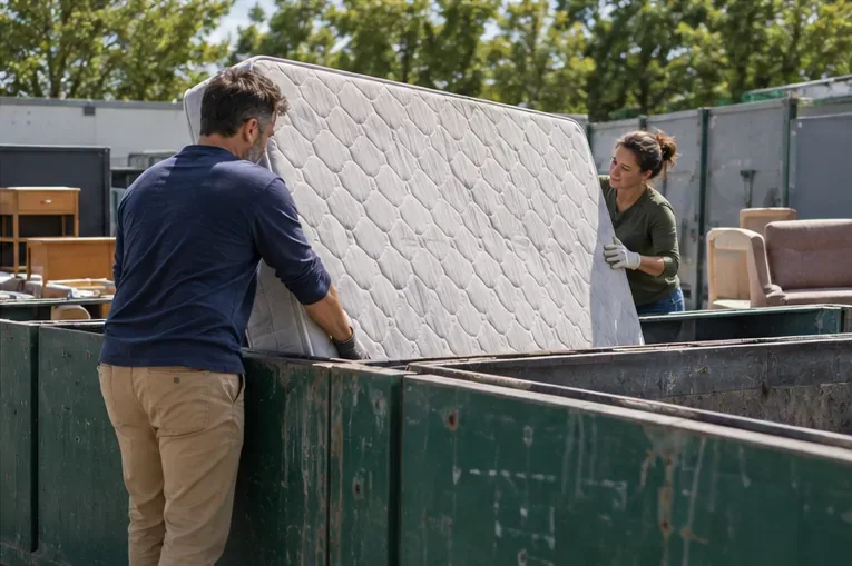 Un matelas est placé dans une zone de collecte du mobilier aux côtés d’autres objets volumineux