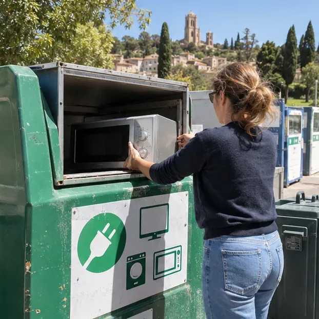Une personne dépose un micro-ondes dans un conteneur de recyclage pour appareils électriques.