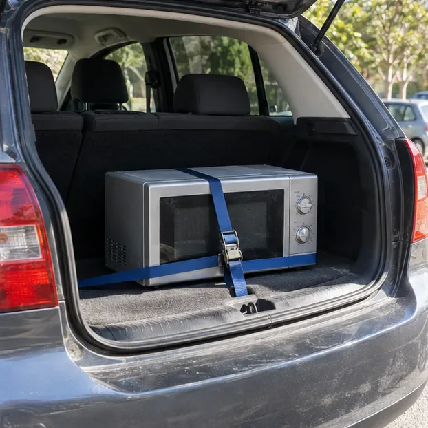 Un micro-ondes maintenu debout par une sangle dans le coffre ouvert d’une voiture.