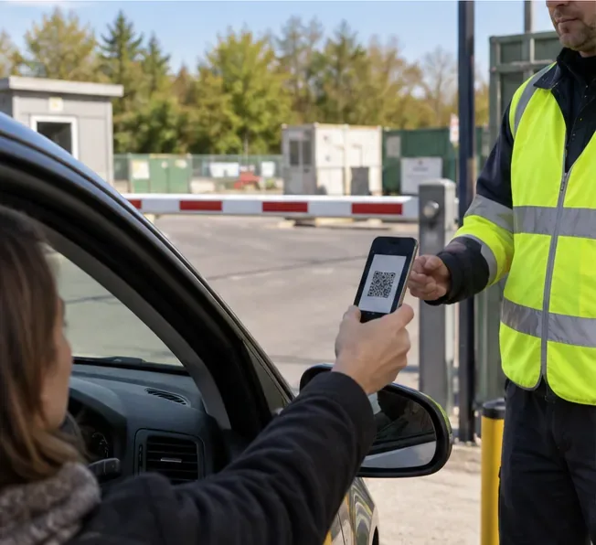 À l’entrée d’une déchèterie, une automobiliste présente un QR code sur son téléphone à un agent en gilet haute visibilité.