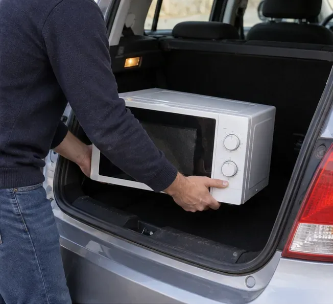Une personne place un micro-ondes dans le coffre ouvert d’une voiture pour l’emmener en déchèterie.
