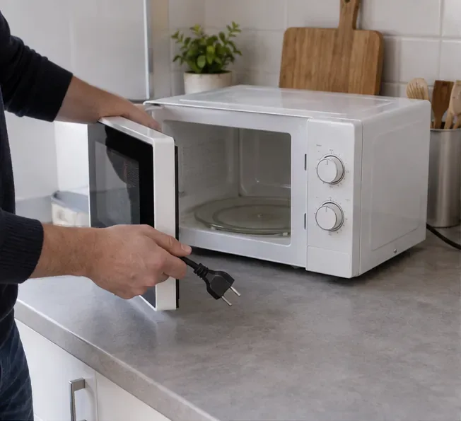 Un micro-ondes blanc débranché sur un plan de travail, porte ouverte et prise électrique visible.