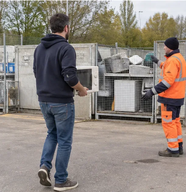 Particulier apportant un micro-ondes entier à un agent devant une zone grillagée de collecte d’appareils électriques