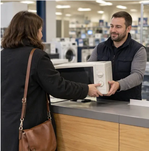 Cliente remettant un micro-ondes usagé à un employé au comptoir d’un magasin d’électroménager