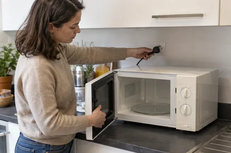 Une femme débranche un micro-ondes posé sur un plan de travail avant de préparer son évacuation.