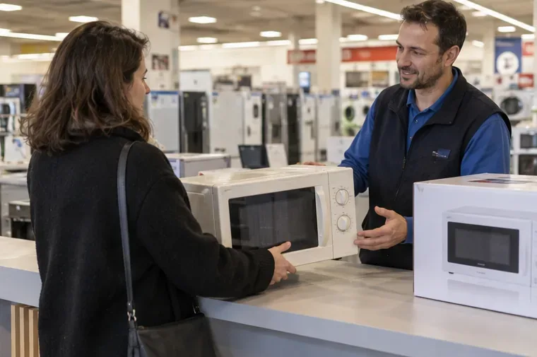 Une cliente remet un ancien micro-ondes à un employé dans un magasin d’électroménager.