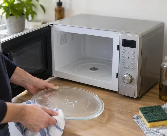 Un four à micro-ondes vide et son plateau en verre nettoyé avant le dépôt