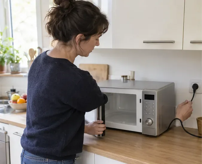 Une personne débranche un four à micro-ondes vide sur un plan de travail avant son transport