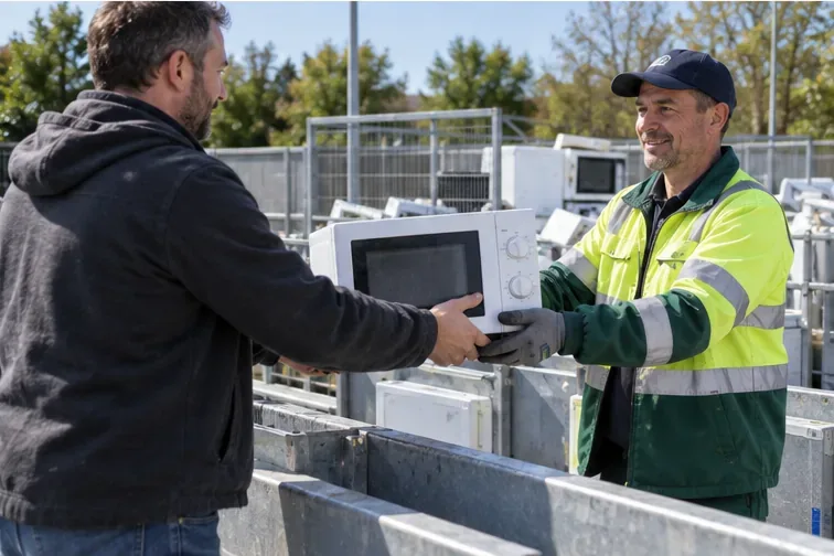 Un agent de déchèterie reçoit un micro-ondes d’un particulier près de conteneurs de collecte pour appareils électriques
