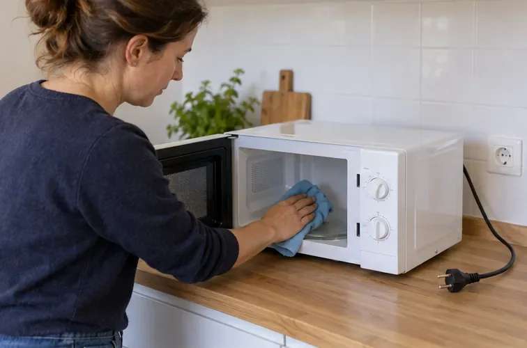 Une personne essuie l’intérieur d’un micro-ondes débranché, dont la porte est ouverte