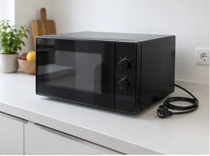 Micro-ondes noir débranché sur un plan de travail, avec sa prise posée à côté
