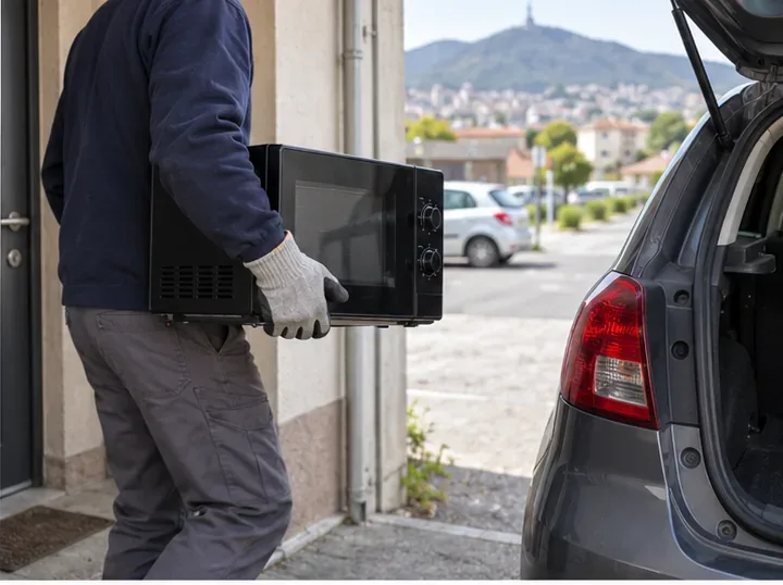 Personne portant un micro-ondes débranché vers le coffre ouvert d’une voiture