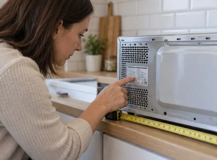 Une personne relève les dimensions et l’étiquette d’un micro-ondes avant de choisir un point de collecte.