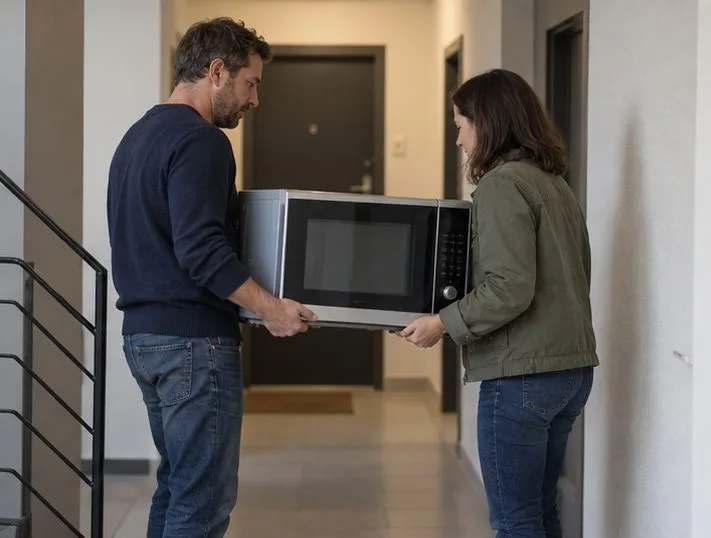 Deux personnes portent un micro-ondes à deux mains dans un couloir dégagé.