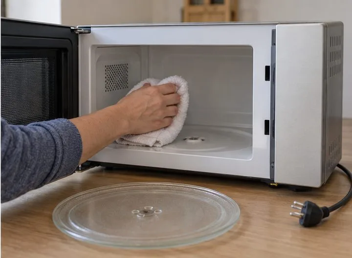 Un micro-ondes débranché est essuyé après le retrait de son plateau en verre.