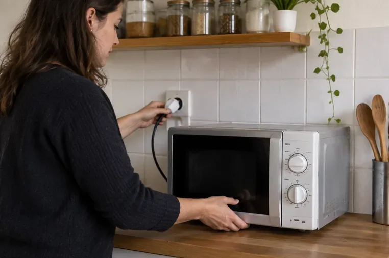 Une femme débranche un four à micro-ondes posé sur un plan de travail avant de préparer son transport.