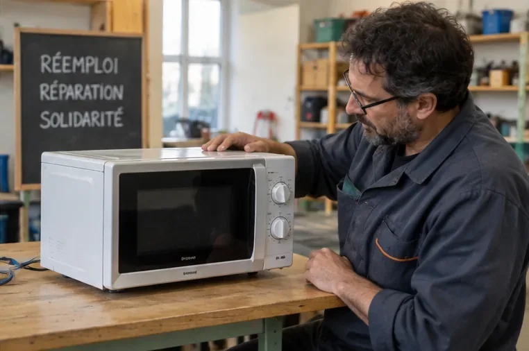 Un réparateur examine un micro-ondes sur un établi dans un atelier de réemploi et de réparation.