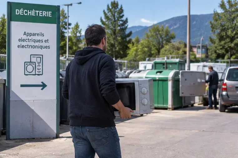 Un homme transporte un micro-ondes vers une zone de déchèterie signalée pour les appareils électriques et électroniques.