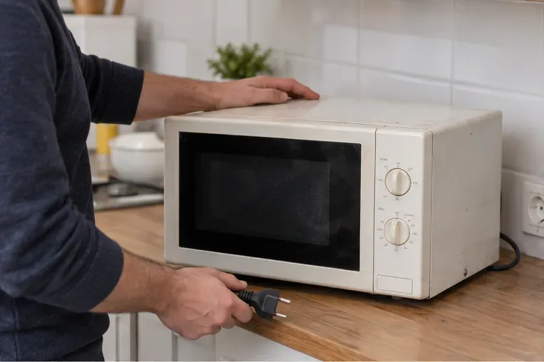 Un micro-ondes usagé débranché sur un plan de travail, avec sa fiche électrique tenue à la main