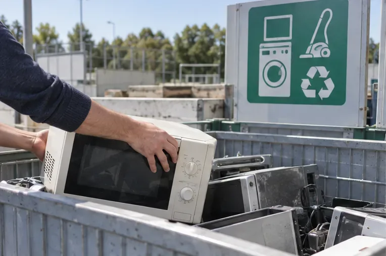 Un micro-ondes usagé déposé dans une zone de collecte d’appareils électriques en déchèterie