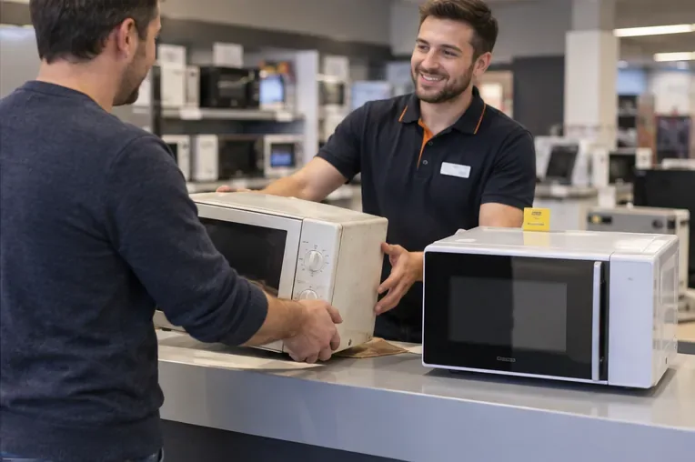 Un client remettant un ancien micro-ondes à un employé de magasin à côté d’un appareil neuf