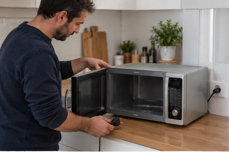 Personne débranchant un micro-ondes argenté dans une cuisine avant de le transporter