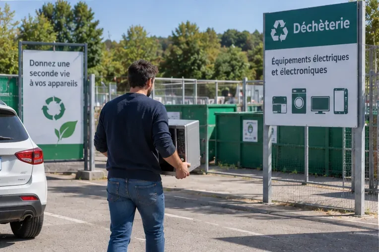 Personne portant un micro-ondes vers une zone de déchèterie destinée aux équipements électriques et électroniques