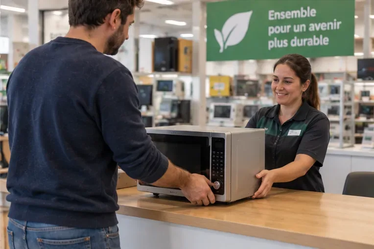 Client remettant un ancien micro-ondes à une employée dans un magasin d’électroménager
