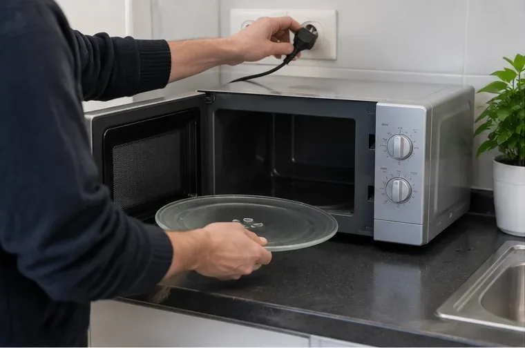 Micro-ondes débranché dans une cuisine, porte ouverte, avec le plateau en verre retiré avant le transport