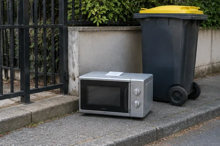 Micro-ondes posé sur le trottoir avec une fiche, près d'un bac roulant, pour illustrer une collecte d'encombrants planifiée