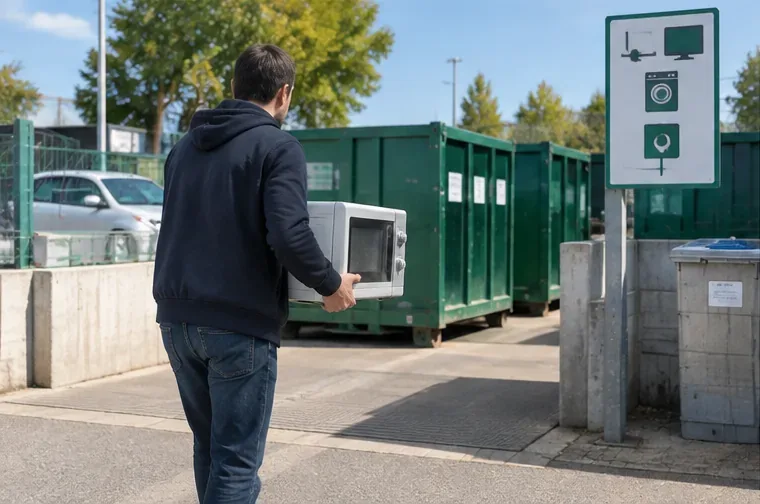 Particulier portant un micro-ondes vers une zone de collecte d'équipements électriques dans une déchèterie