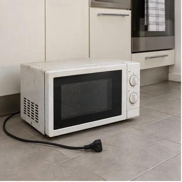 Micro-ondes ancien débranché sur le sol d’une cuisine, câble et prise visibles