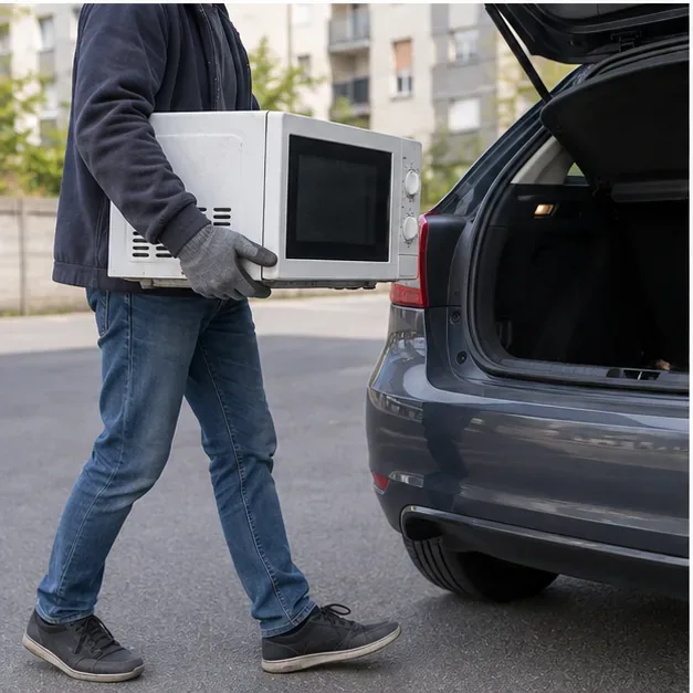 Personne portant un micro-ondes à deux mains vers le coffre d’une voiture
