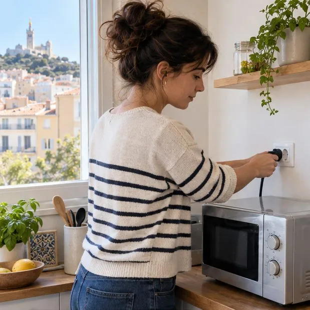 Une personne débranche un micro-ondes posé sur un plan de travail.