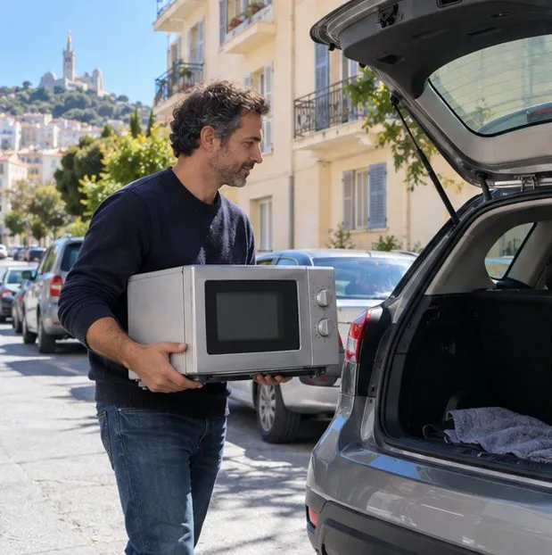 Un homme porte un micro-ondes à deux mains vers le coffre ouvert d’une voiture.